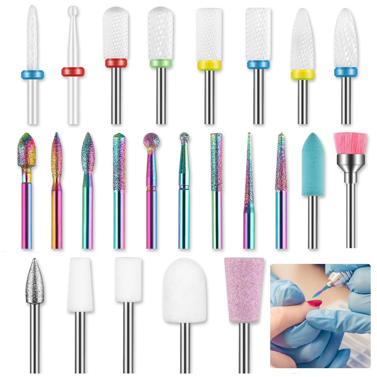 MAYCREATE 24Pcs Nail Drill Bit Set, 3/32'' Universal Nail Drill Bits Ceramic Diamond Carbide Nail Drill Bits Shaping, Cleaning, Buffing Nail Bits Kit for Acrylics, Gels, or Dip Powder Nails MAYCREATE 24Pcs Nail Drill Bit Set, 3/32'' Universal Nail Drill Bits Ceramic Diamond Carbide Nail Drill Bits Shaping, Cleaning, Buffing Nail Bits Kit for Acrylics, Gels, or Dip Powder Nails